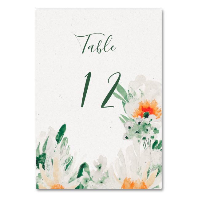 Numéro De Table Vert forêt, orange, Aquarelle blanche Floral (Par défaut)