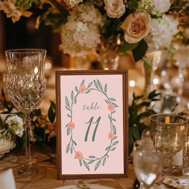 Numéro De Table Vins Floraux Wreath Chic Elegant Rose Green Custom (Floral Vines Wreath Chic Elegant Pink Green Custom Table Number Wedding Anniversary Birthday Party
)