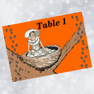 Numéro De Table Vintage Lady White Robe Oiseau Nid Feuilles