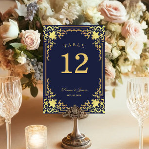 Numéro De Table Vintage Navy Blue Faux Gold Elegant Script Mariage