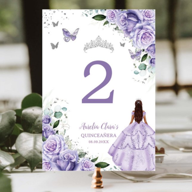 Numéro De Table Violet Floral Princesse Argent Quinceañera XV 16 (Créateur téléchargé)