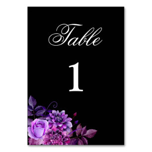 Numéro de table violet. Mariage noir. Floral gothi