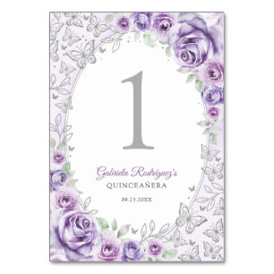 Numéro De Table Violet Pourpre Argent Floral Quinceanera