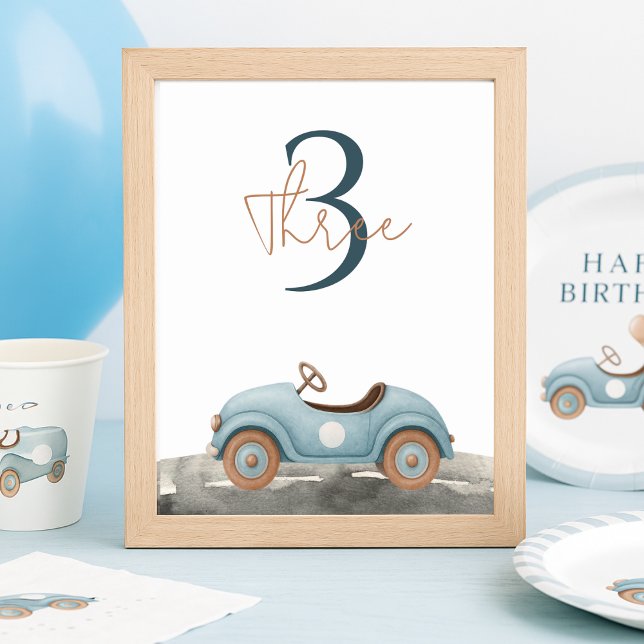 Numéro De Table Voiture Aquarelle Bleue Anniversaire (Créateur téléchargé)