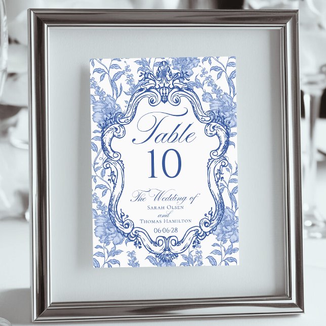 Numéro De Table Wedding Crest Delft Blue Floral Elegant Script (Créateur téléchargé)