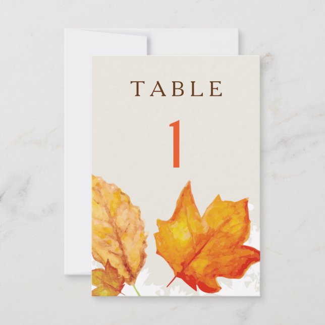 Numéros de table à l'aquarelle de feuilles d'autom (Devant)