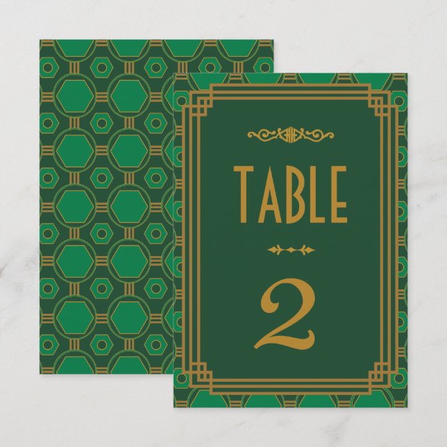 Numéros de table de mariage Art Déco verts (Devant / Derrière)