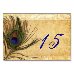 Numéros de table de mariage de plume de paon rusti
