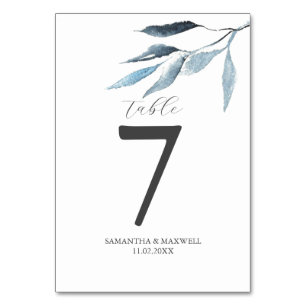Numéros de table de mariage en botanique bleu pous