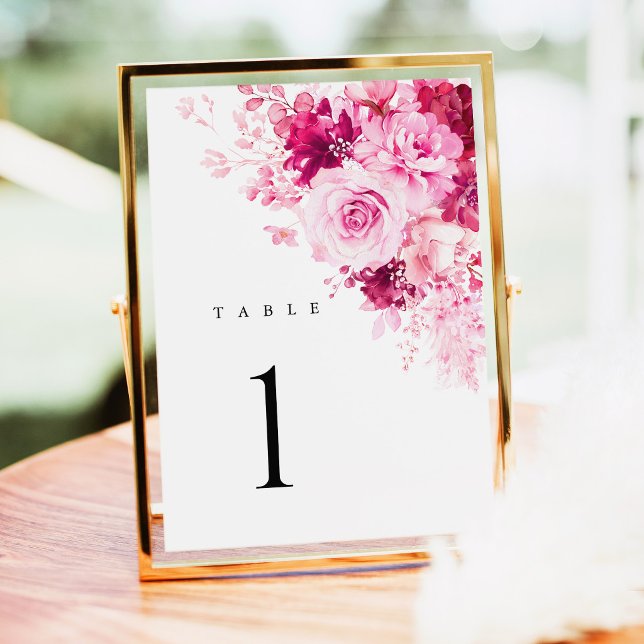 Numéros de table de mariage floraux rose vif (Hot Pink Floral Wedding Table Numbers, Elegant Fuchsia Rose Reception Table Number Card, Gold Decor)