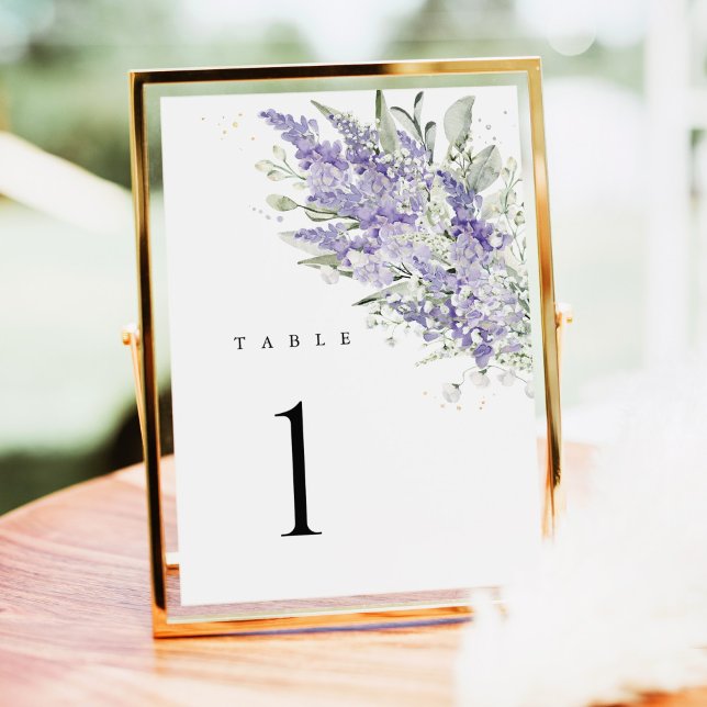 Numéros de table de mariage floraux vert sauge lav (Lavender sage green floral wedding table number card, watercolor lavender blooms, reception table)