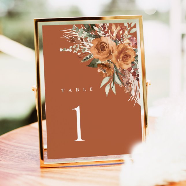 Numéros de table de mariage Terracotta Boho, flora (Terracotta rose floral wedding table number card with watercolor, elegant boho table, framed indoor)