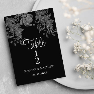 Numéros de table en dentelle florale noir et blanc