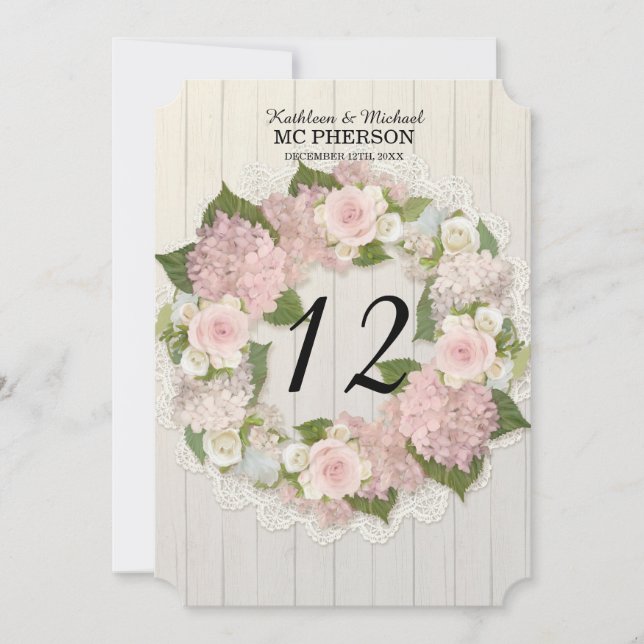 Numéros de table Hydrangea rose Dentelle Bois rust (Devant)