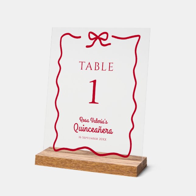 Numéros de table Quinceañera Red Bow personnalisés (Angle)