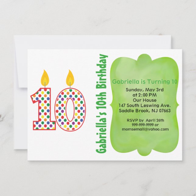 Nummer 10 farbenfrohe Polka Dot Birthday Einladung (Vorderseite)