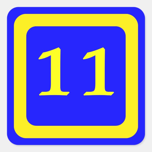 Nummer 11, blauer Hintergrund, gelber Rahmen Quadratischer Aufkleber (Vorderseite)