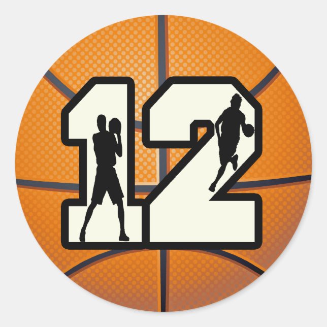 Nummer 12 Basketball und Spieler Runder Aufkleber (Vorderseite)