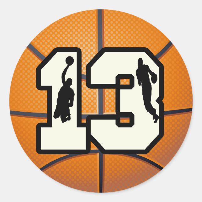 Nummer 13 Basketball und Spieler Runder Aufkleber (Vorderseite)