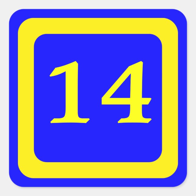 Nummer 14, blauer Hintergrund, gelber Rahmen Quadratischer Aufkleber (Vorderseite)