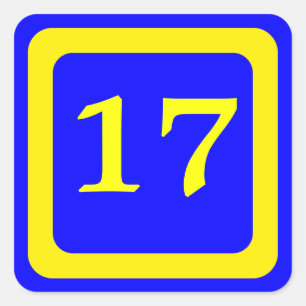 Nummer 17, blauer Hintergrund, gelber Rahmen Quadratischer Aufkleber