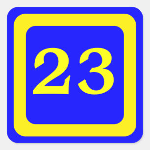 Nummer 23, blauer Hintergrund, gelber Rahmen Quadratischer Aufkleber