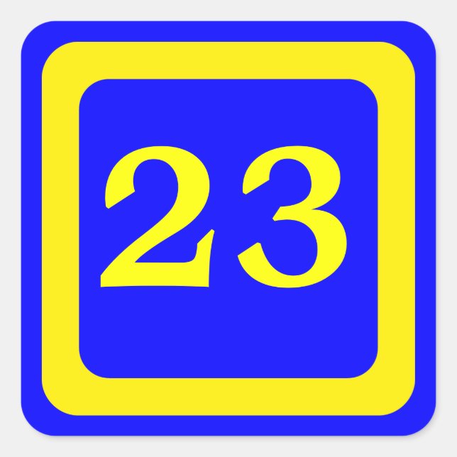 Nummer 23, blauer Hintergrund, gelber Rahmen Quadratischer Aufkleber (Vorderseite)