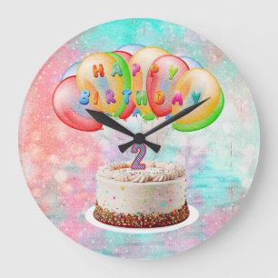 Nummer 2 Candle on Cake, Happy Birthday, farbenfro Große Wanduhr