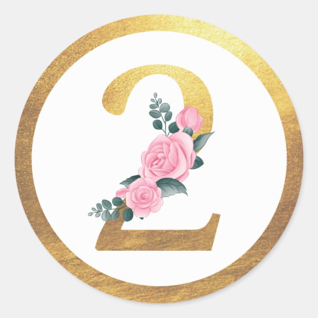 Nummer 2 Zwei rosa Rosen, floral und elegant Gold Runder Aufkleber (Vorderseite)
