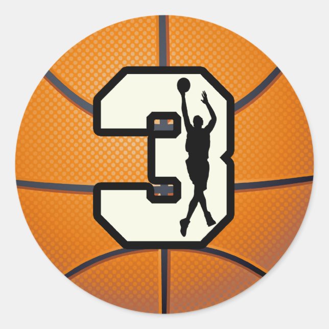Nummer 3 Basketball und Spieler Runder Aufkleber (Vorderseite)
