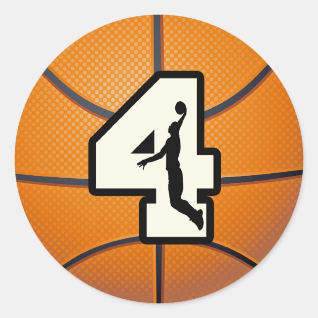 Nummer 4 Basketball und Spieler Runder Aufkleber (Vorderseite)