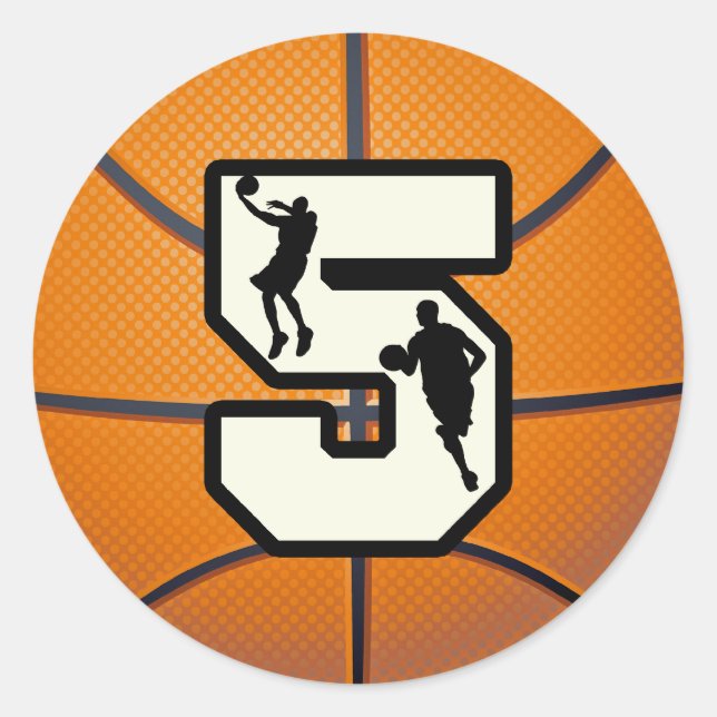 Nummer 5 Basketball und Spieler Runder Aufkleber (Vorderseite)