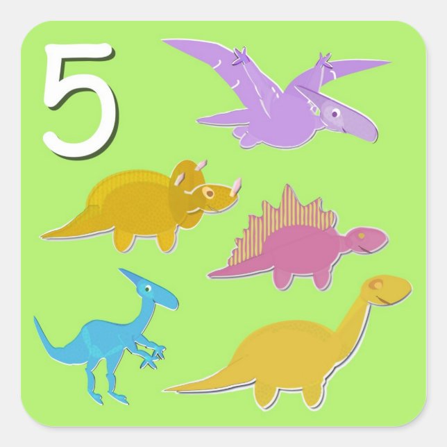 Nummer 5 Fünf Dinosaurier zählen Quadratischer Aufkleber (Vorderseite)