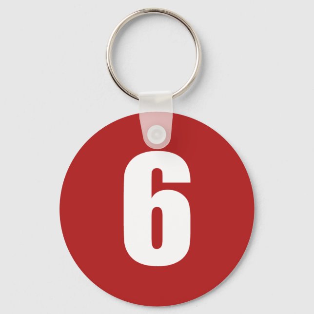 Nummer 6 in Weiß auf roter Schaltfläche Schlüssela Schlüsselanhänger (Vorderseite)