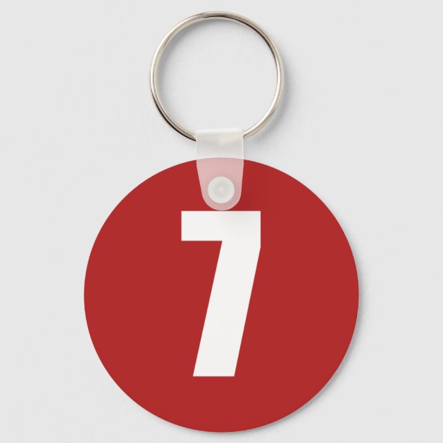 Nummer 7 in Weiß auf roter Schaltfläche Schlüssela Schlüsselanhänger (Vorderseite)
