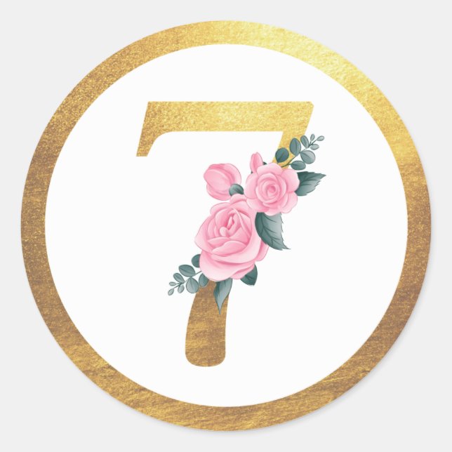 Nummer 7 Sieben Rosen, Rosen, Blüten und Elegantes Runder Aufkleber (Vorderseite)
