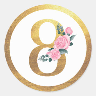 Nummer 8 Acht Rosenrosen, Blüten und Elegantes Gol Runder Aufkleber