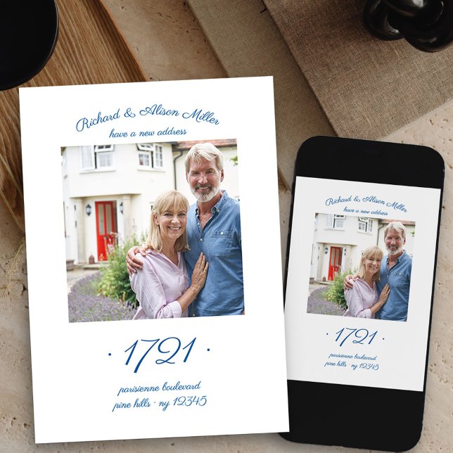 Nummer der neuen Haustür Elegantes Foto Bewegung Ankündigung (square photo new address card available printed or as printable digital download)