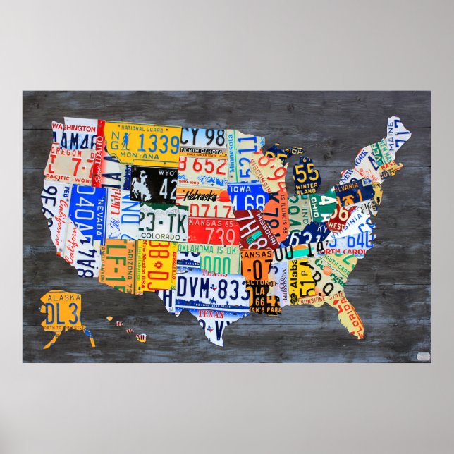 Nummernschild Karte der USA auf grauen Holzplanen Poster (Vorne)