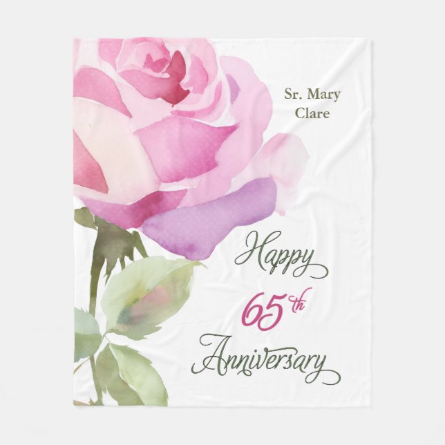 Nun 65th Anniversary Custom Name Pink Rose Fleecedecke (Vorderseite)