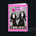 Nun Geburtstagsgeschenke "Happy Birthday Sister" Karte<br><div class="desc">Katholische Geburtstagskarte,  Tasse,  Taschen,  Postkarten und Knöpfe.  Zwei Nonnen,  eine mit rosa Ballons.  Schön!</div>