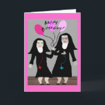 Nun Geburtstagsgeschenke "Happy Birthday Sister" Karte<br><div class="desc">Katholische Geburtstagskarte,  Tasse,  Totensäcke,  Postkarten und Knöpfe. Zwei Nonnen,  eine mit rosa Ballons. Schön!</div>
