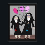 Nun Geburtstagsgeschenke "Happy Birthday Sister" Postkarte<br><div class="desc">Katholische Geburtstagskarte,  Tasse,  Taschen,  Postkarten und Knöpfe.  Zwei Nonnen,  eine mit rosa Ballons.  Schön!</div>
