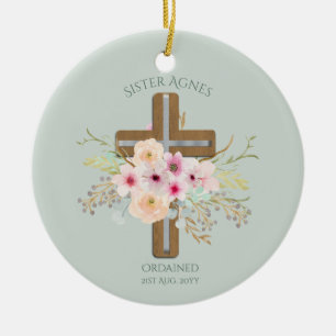 NUN - Ordination oder Jahrestag - Blumenkreuz Keramik Ornament