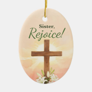 Nun Ostern Freue dich Kreuz und Lilien Keramik Ornament