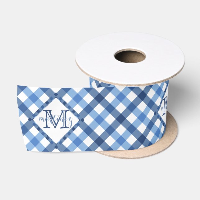 Nur blauer Ginghamdiamant-Monogrammname weit Satinband (Spule)