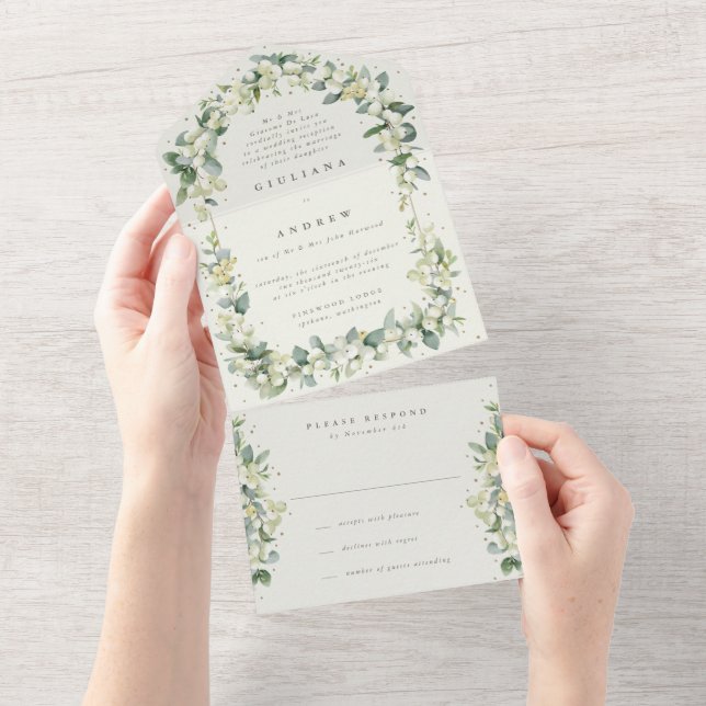 Nur Creme/grüne Snowberry+Eukalyptus-Empfang All In One Einladung (Abreißen)