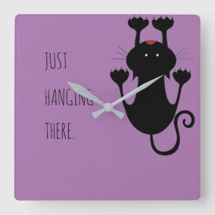 Nur da hängen schwarze Katze Cartoon lustiger Text Quadratische Wanduhr