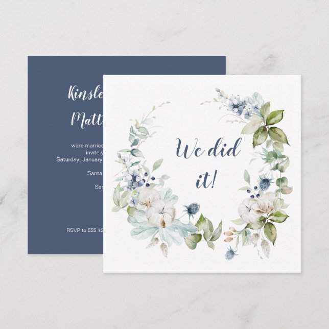 Nur Dusty Blue Sage Green Winter Floral Empfang Einladung (Vorne/Hinten)