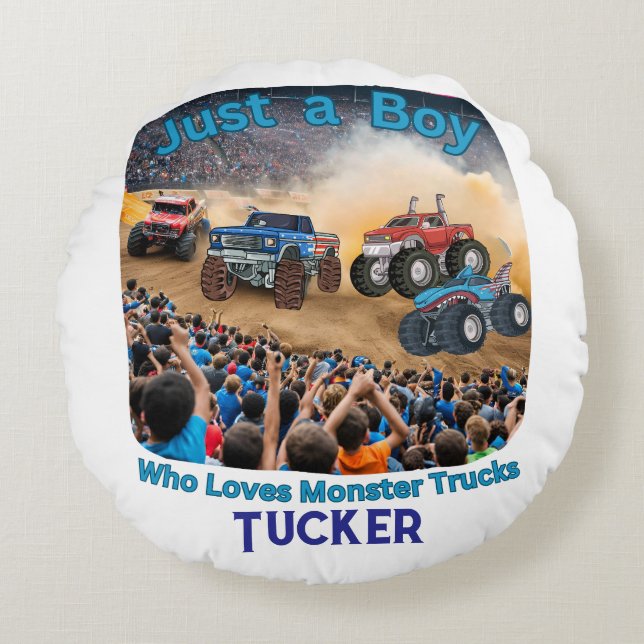 Nur ein Junge, der Monster Trucks Liebe Rundes Kissen (Vorderseite)